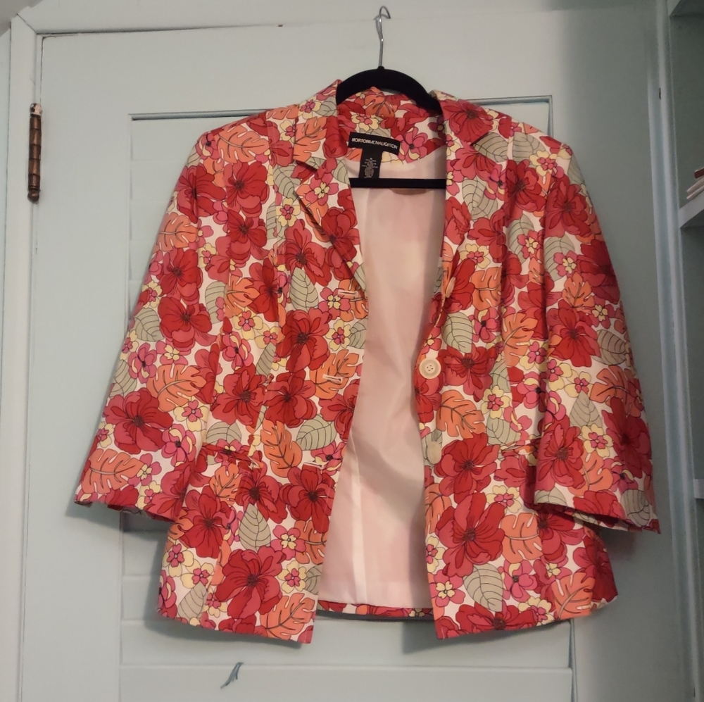 colorful lined 80s linen floral blazer Norton McNaughton size 6 whimsical y2k